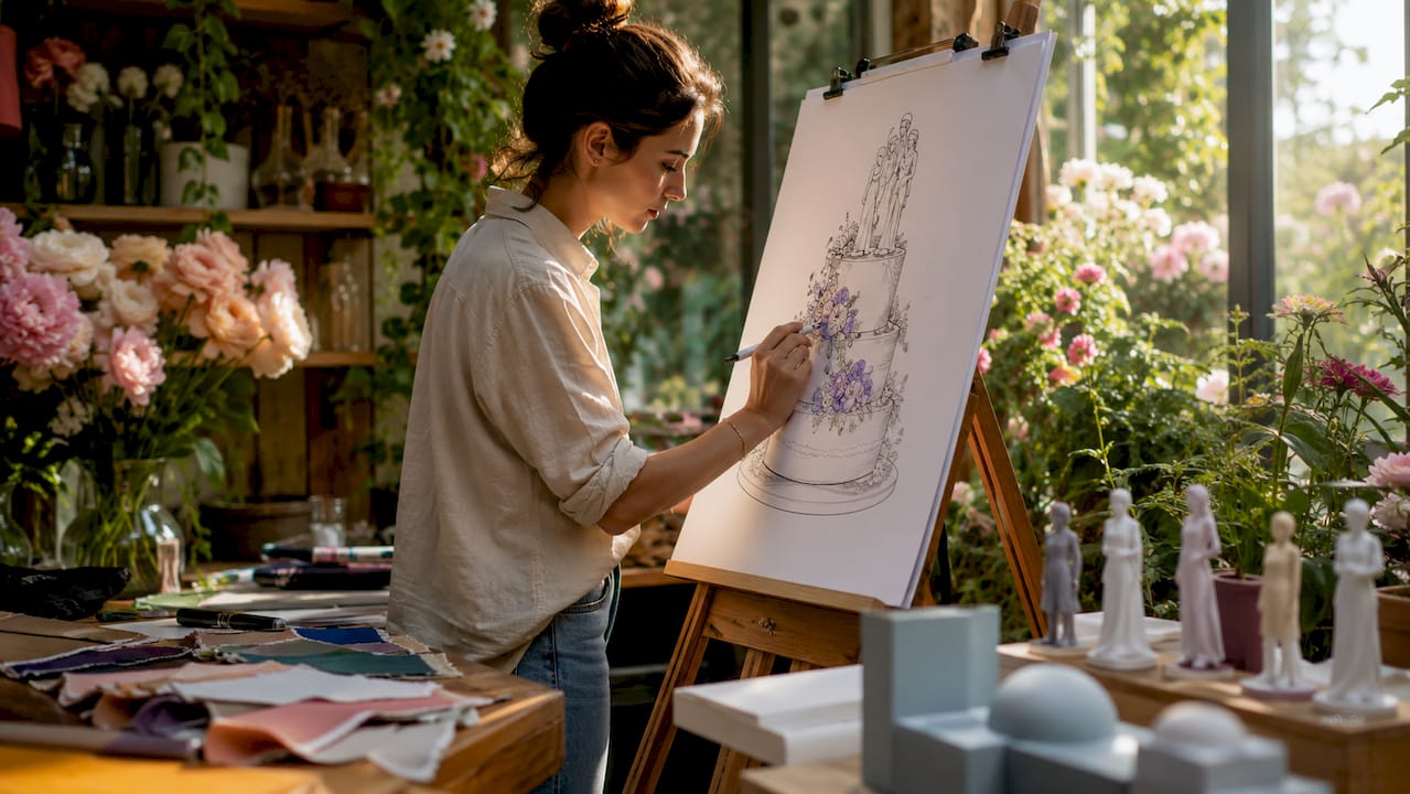 Artist sketching custom wedding 3D print design