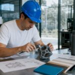 Engineer working on 3D drafting model at drafting table
