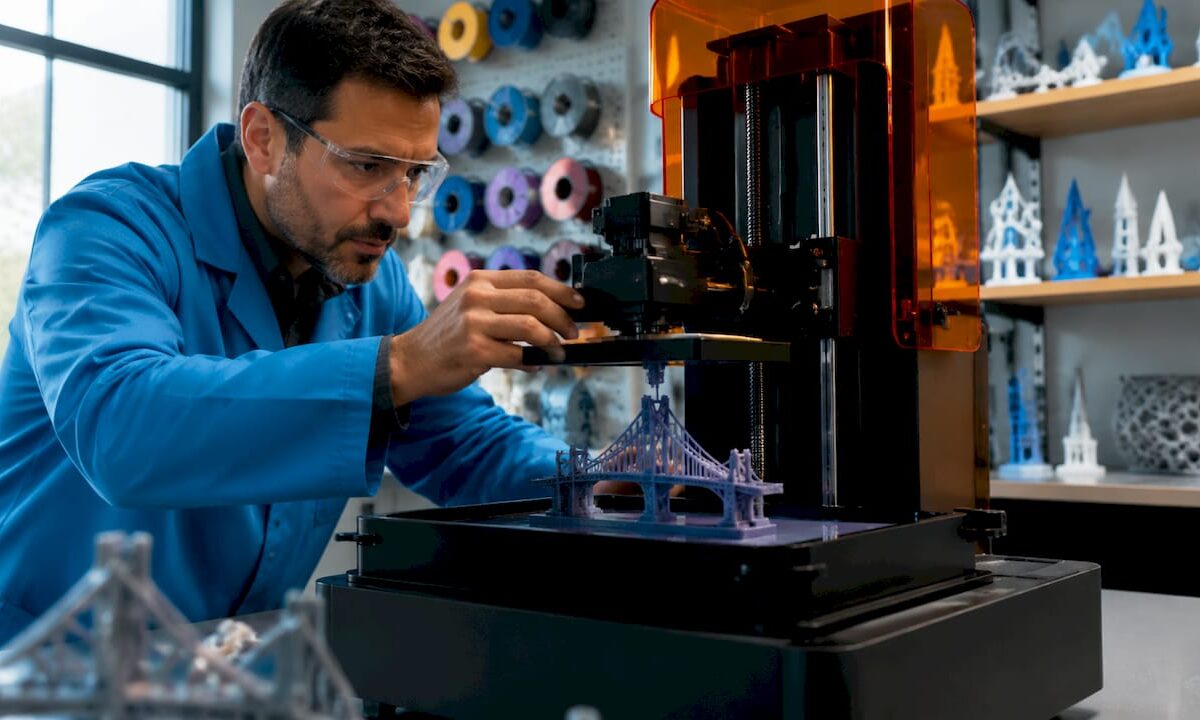 Technician adjusting 3D printer bridging filament