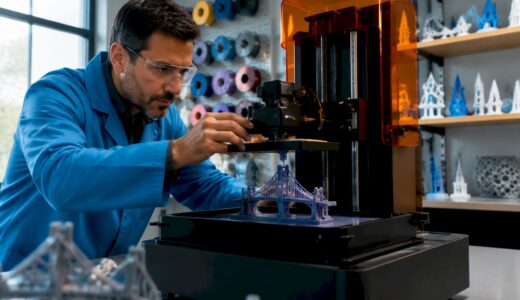 Technician adjusting 3D printer bridging filament