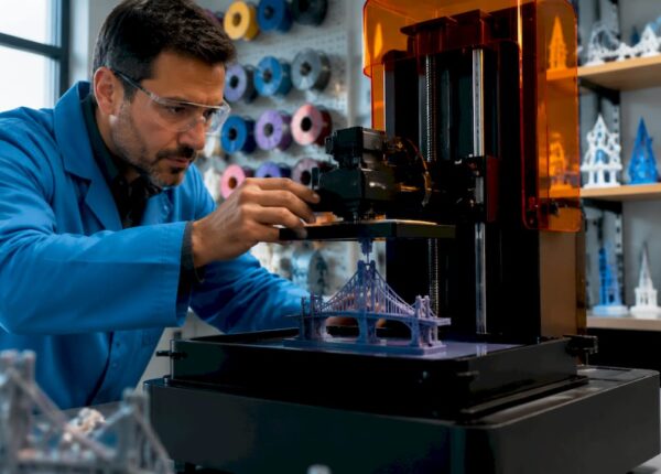 Technician adjusting 3D printer bridging filament