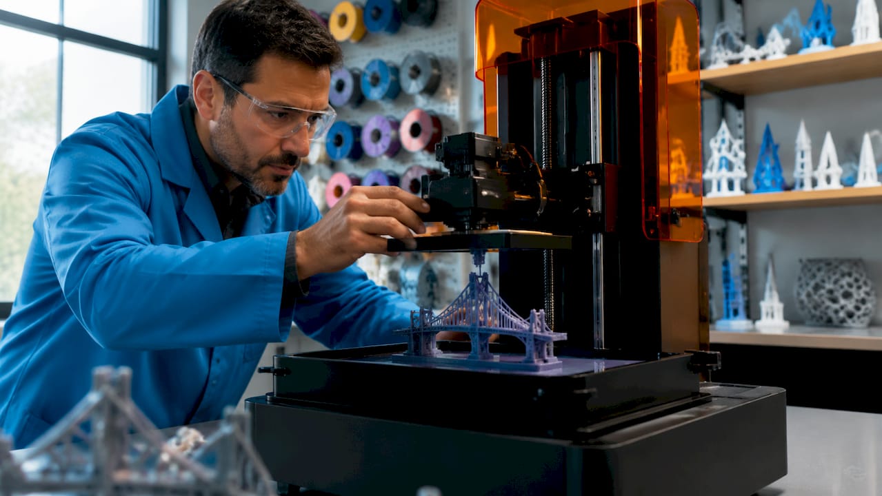 Technician adjusting 3D printer bridging filament