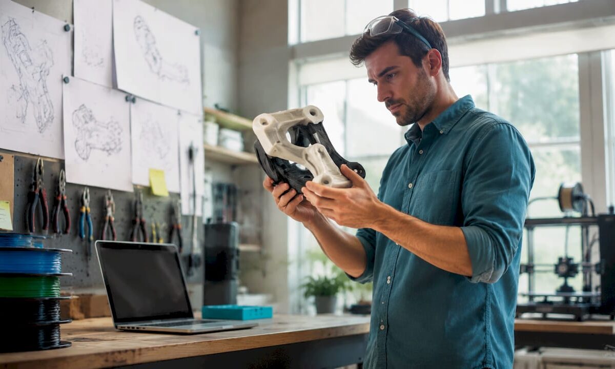 Engineer inspecting 3D printed prototype in lab