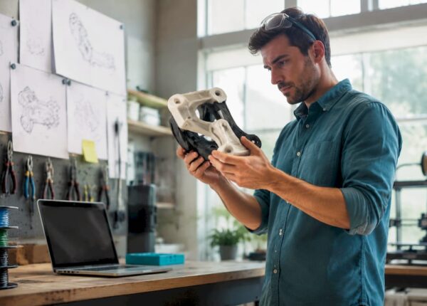 Engineer inspecting 3D printed prototype in lab