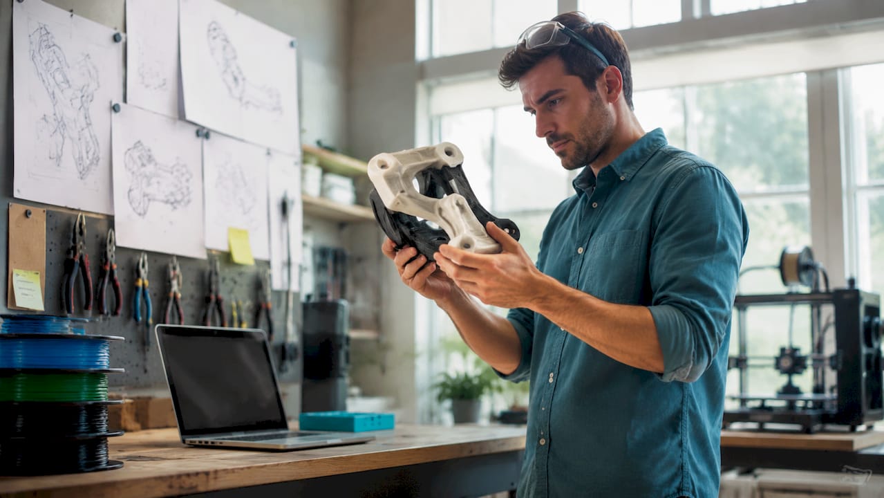 Engineer inspecting 3D printed prototype in lab