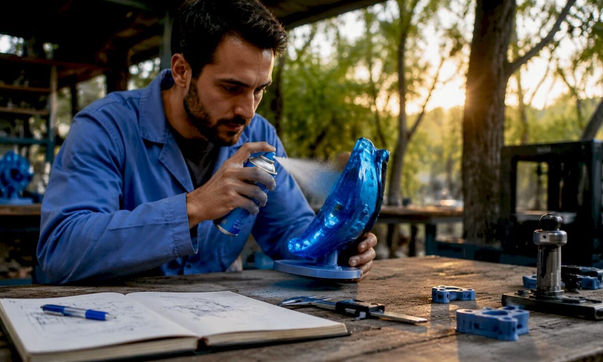 Technician applying matte spray on model