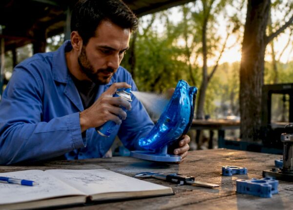 Technician applying matte spray on model
