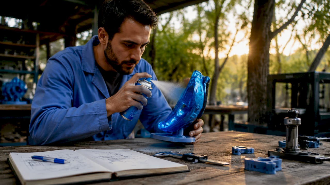 Technician applying matte spray on model