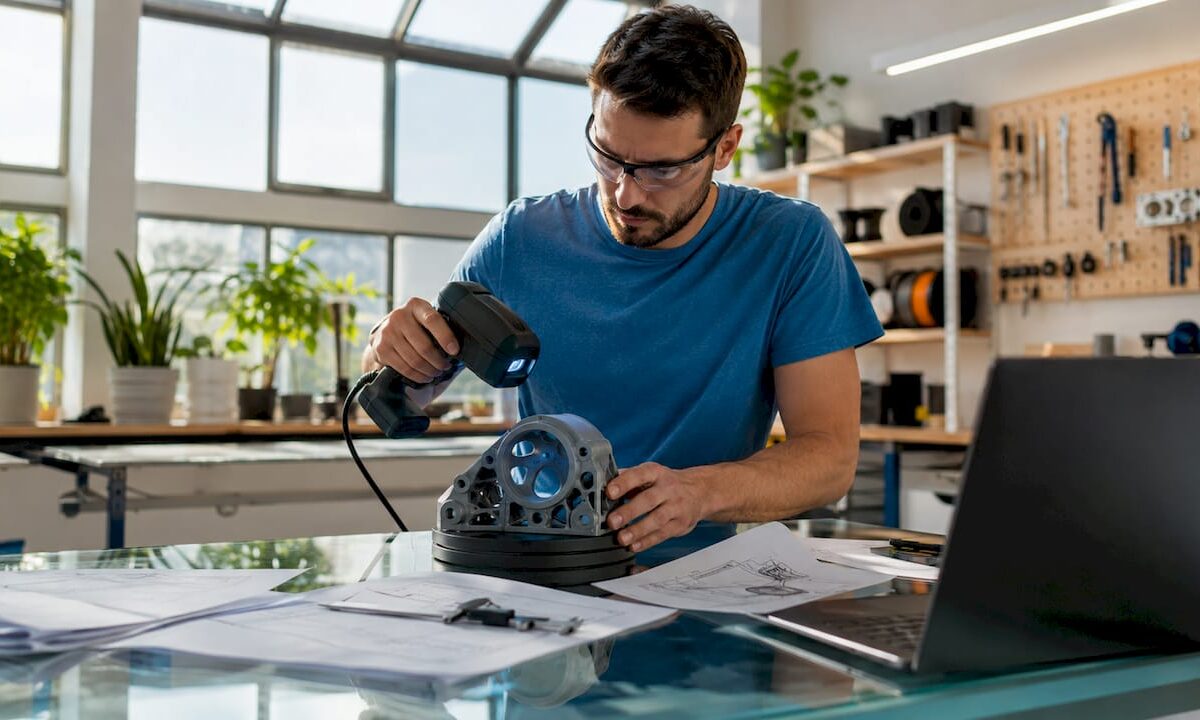 Engineer scanning mechanical part with 3D scanner