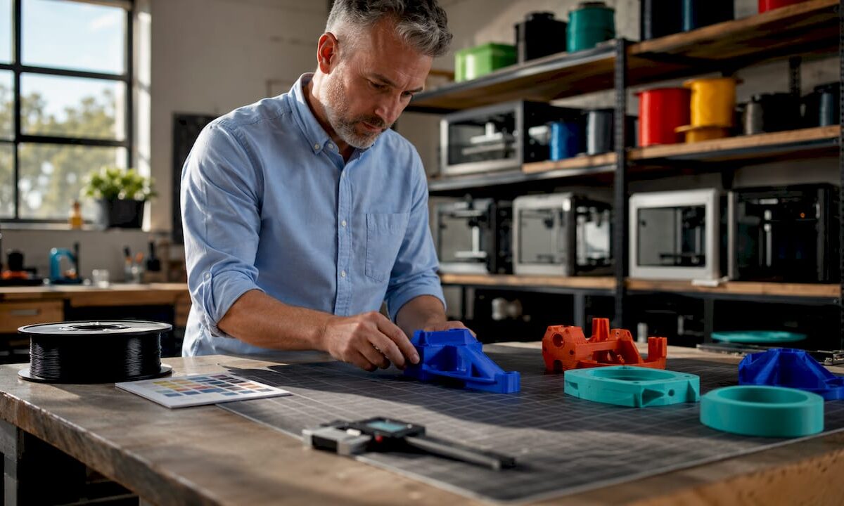 Man examining multicolor 3D printed prototypes on workshop table