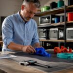 Man examining multicolor 3D printed prototypes on workshop table