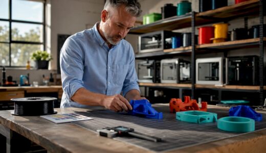 Man examining multicolor 3D printed prototypes on workshop table