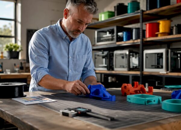 Man examining multicolor 3D printed prototypes on workshop table