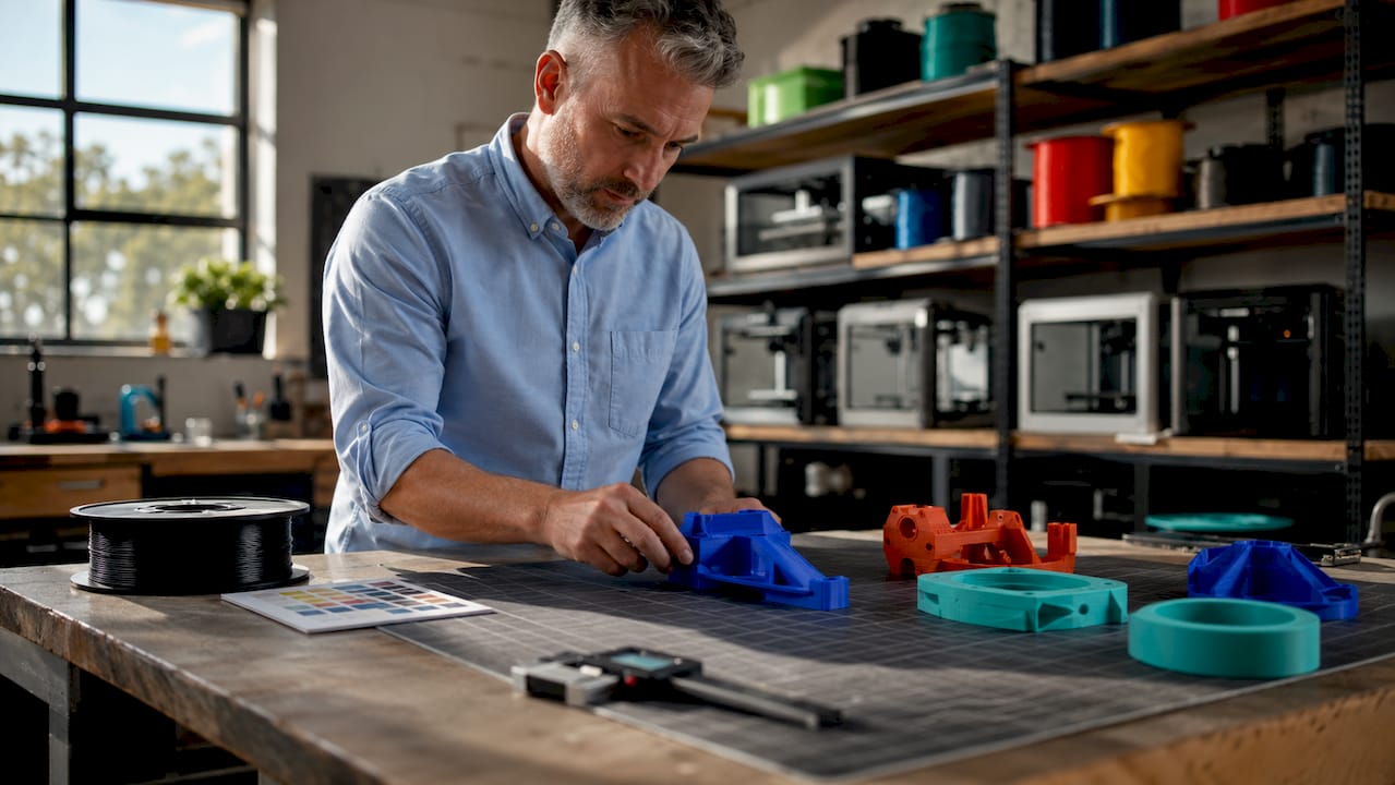 Man examining multicolor 3D printed prototypes on workshop table