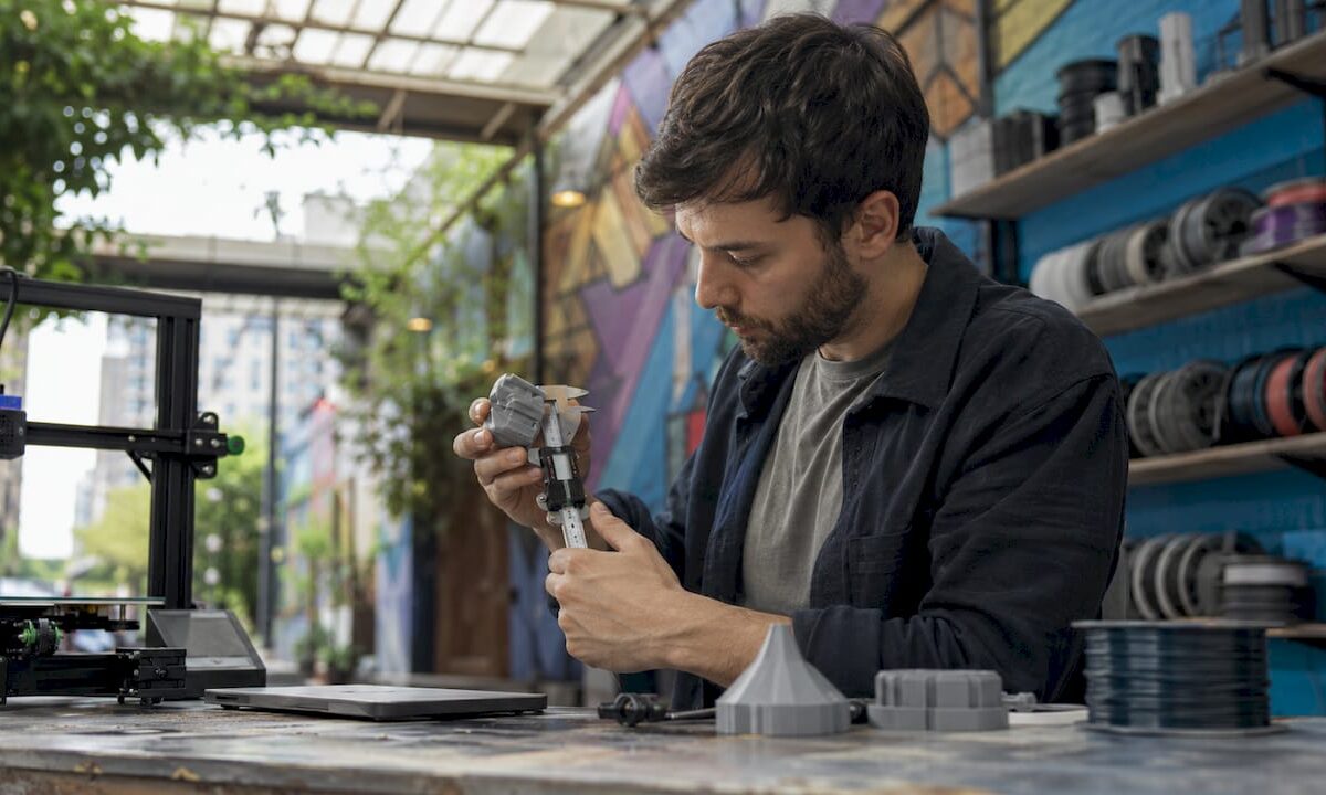 Engineer adjusting 3D printed prototype at bench