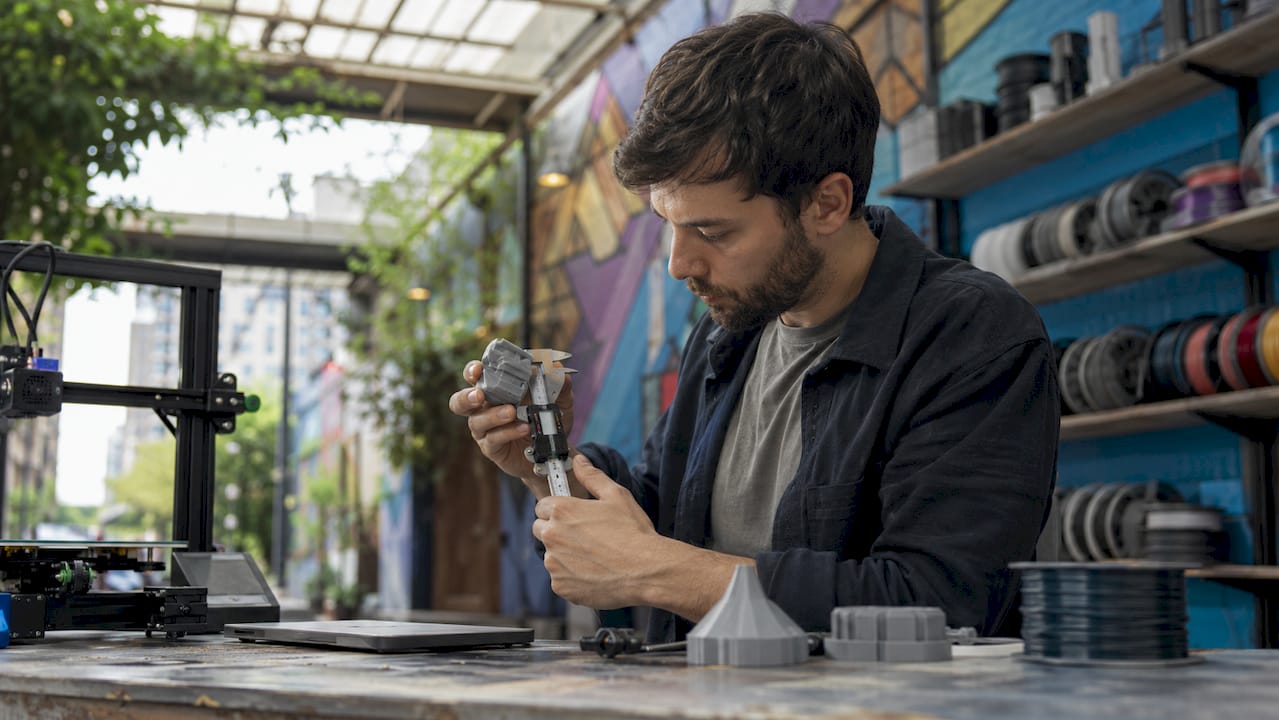 Engineer adjusting 3D printed prototype at bench