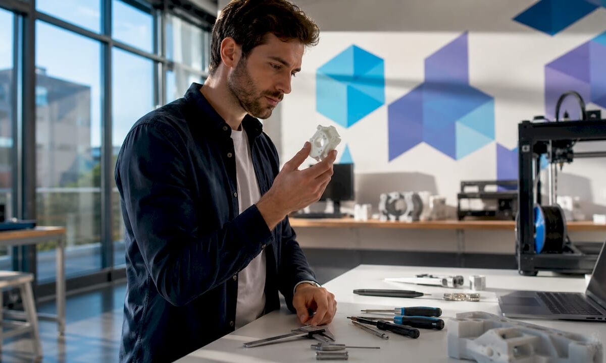 Engineer examining 3D printed prototype part
