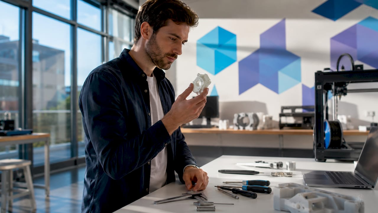 Engineer examining 3D printed prototype part