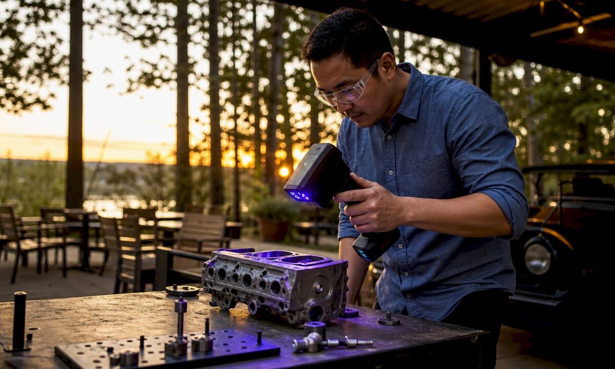 Engineer scanning a legacy car part with 3D scanner