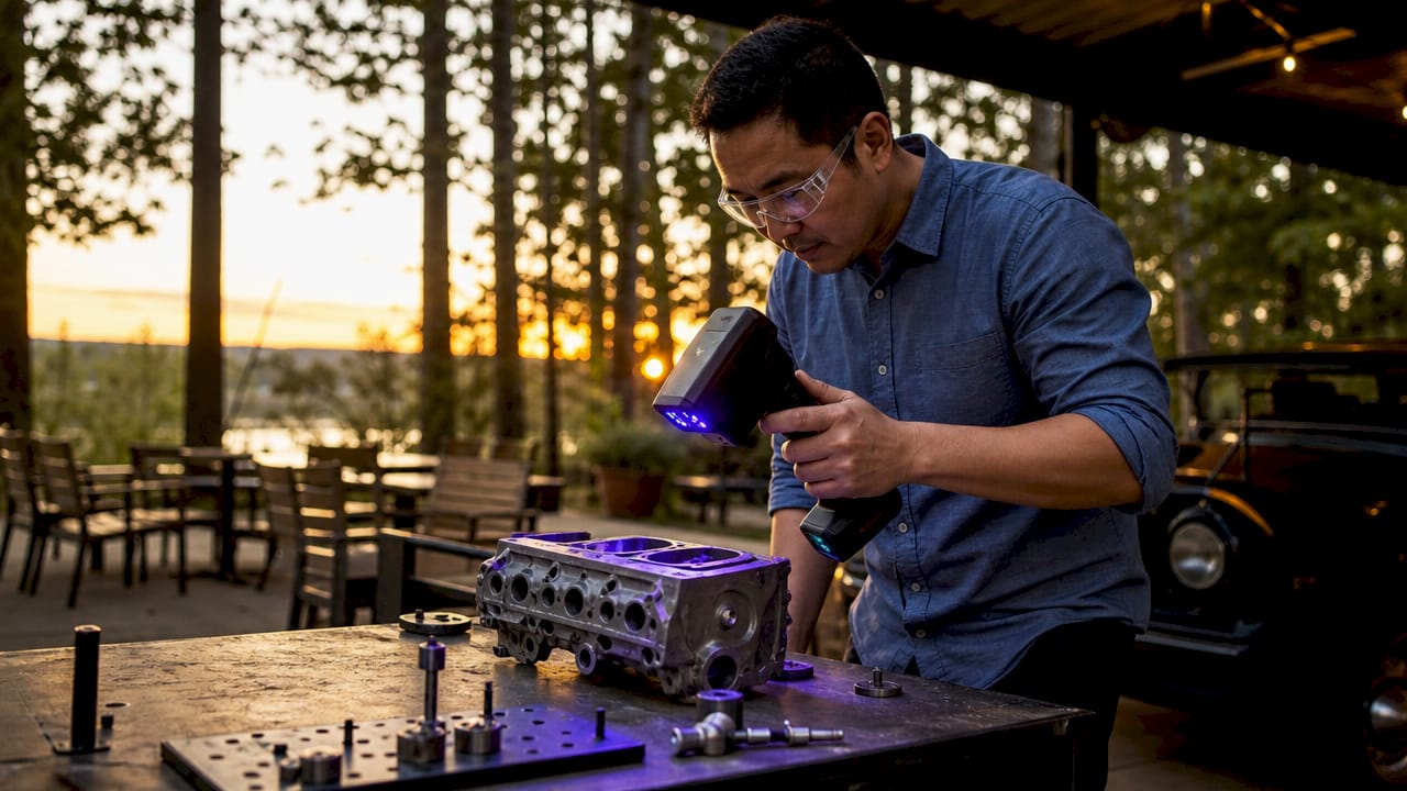 Engineer scanning a legacy car part with 3D scanner