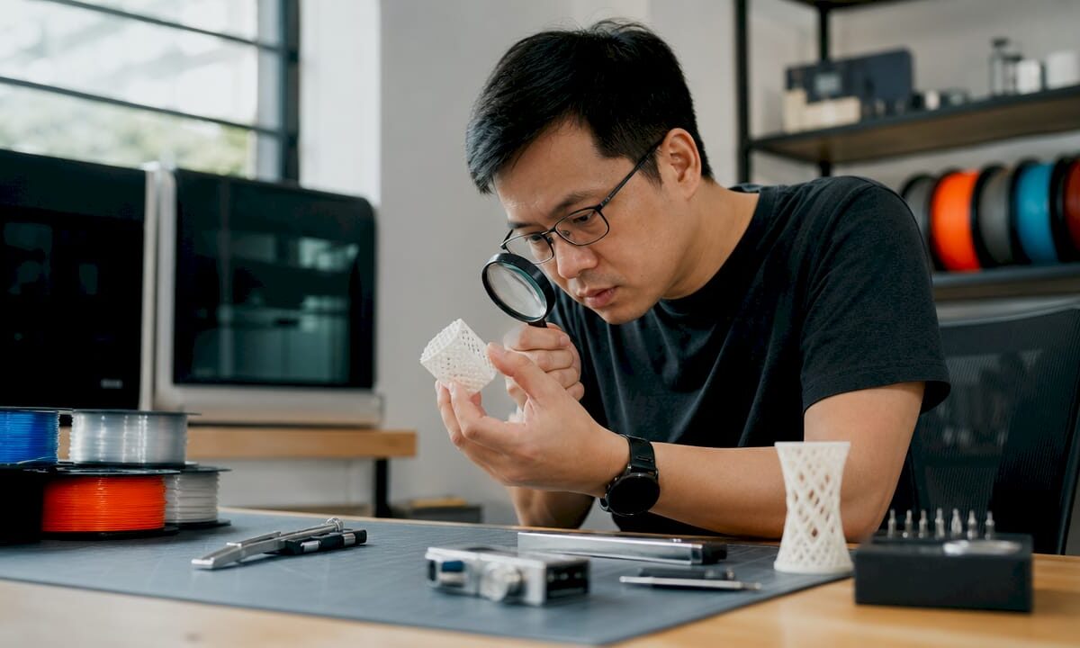 Engineer inspecting 3D printed object closely