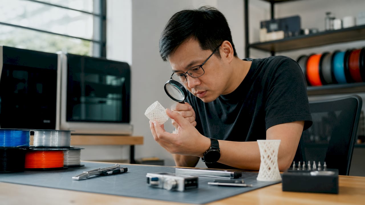 Engineer inspecting 3D printed object closely