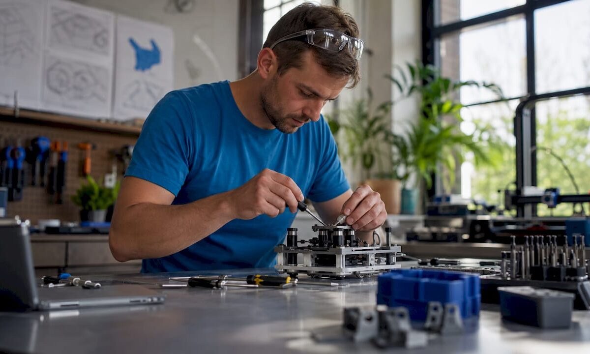 Product developer assembling functional prototype