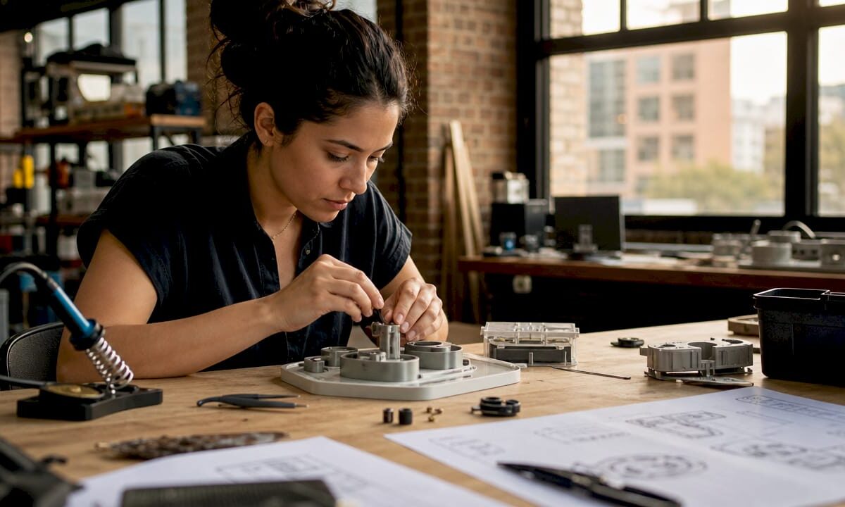 Engineer assembling prototype at workbench