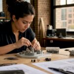 Engineer assembling prototype at workbench