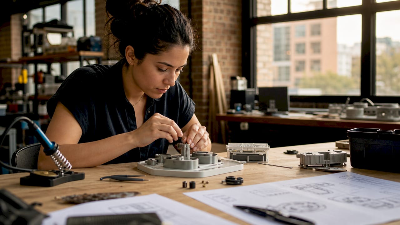 Engineer assembling prototype at workbench