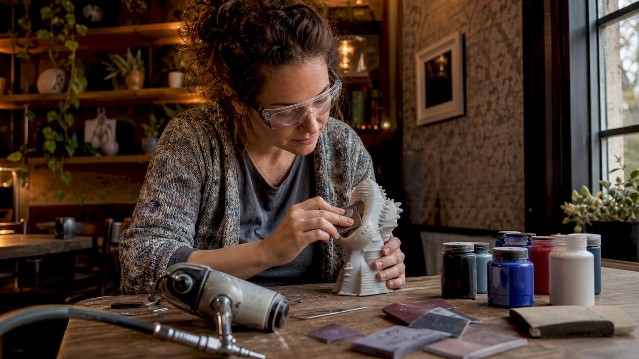 Artist sanding 3D printed sculpture