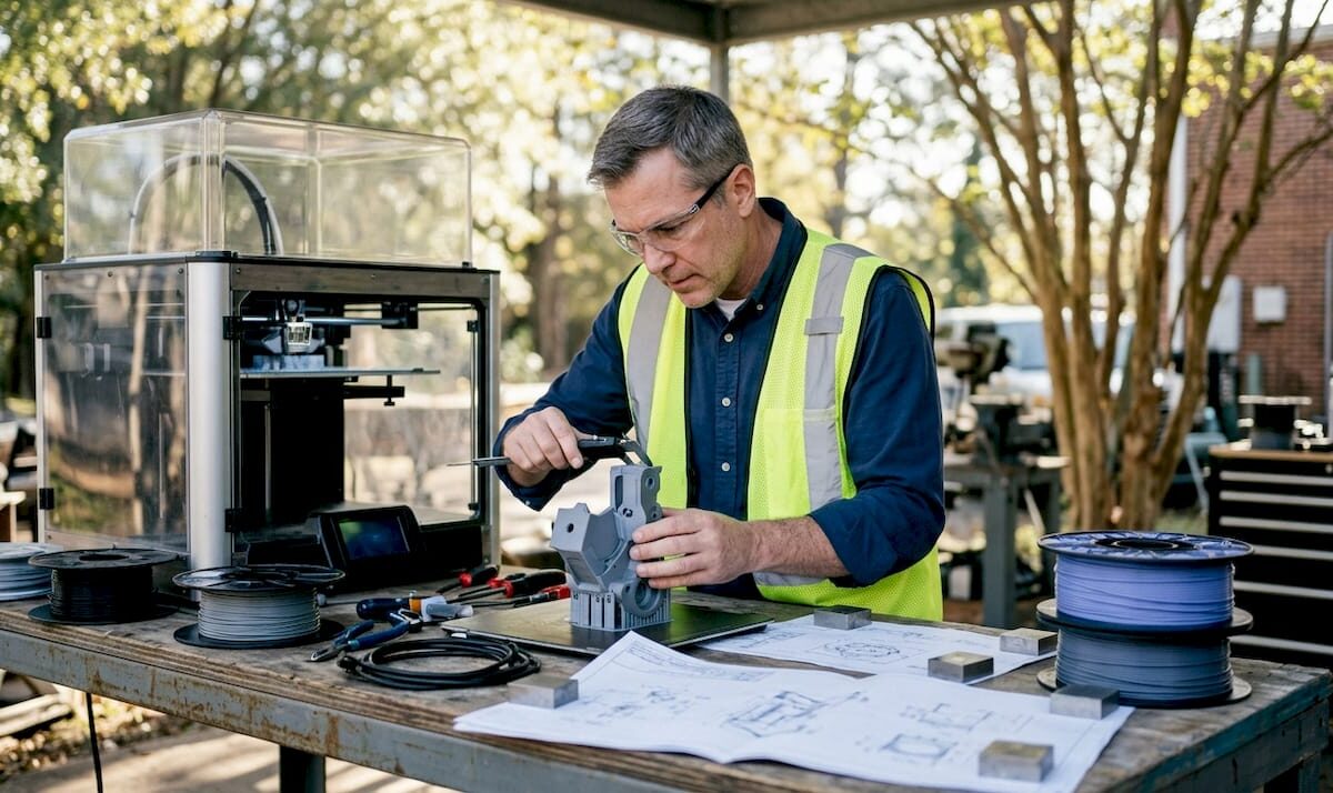 Engineer inspecting 3D-printed high-temp filament part