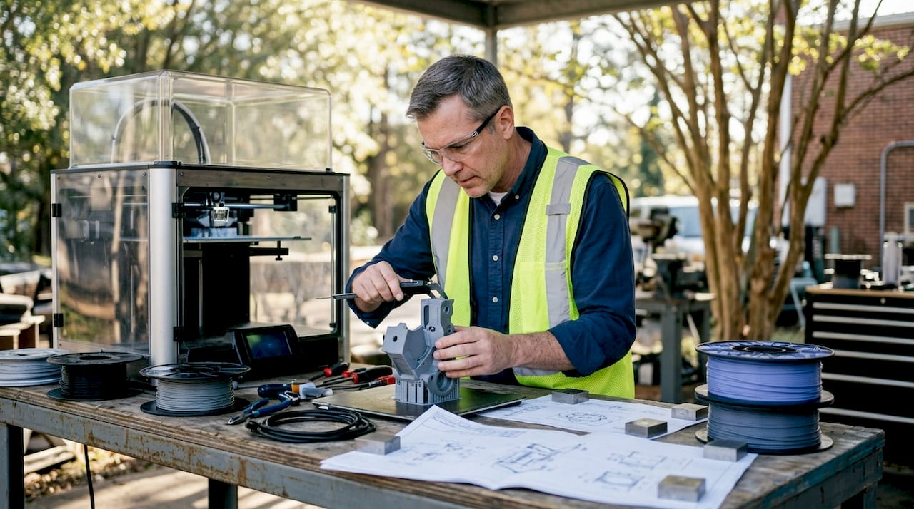 Engineer inspecting 3D-printed high-temp filament part