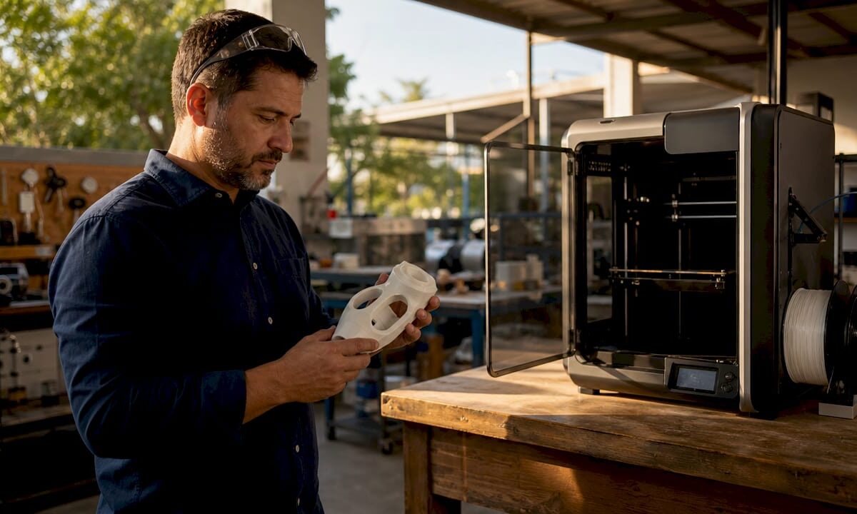 Engineer inspecting 3D printed prototype in workshop