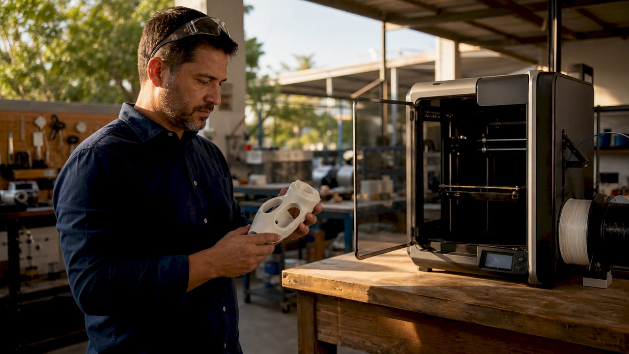 Engineer inspecting 3D printed prototype in workshop