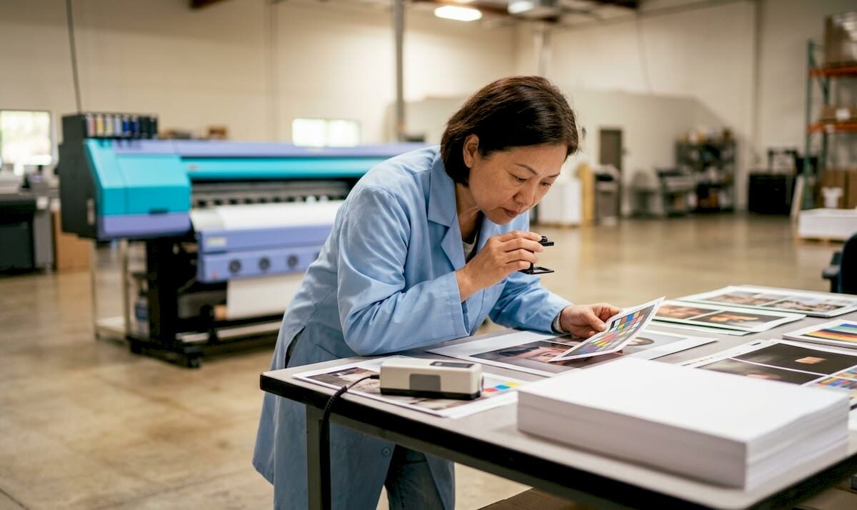 Print quality inspector examining printed sheets