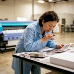 Print quality inspector examining printed sheets