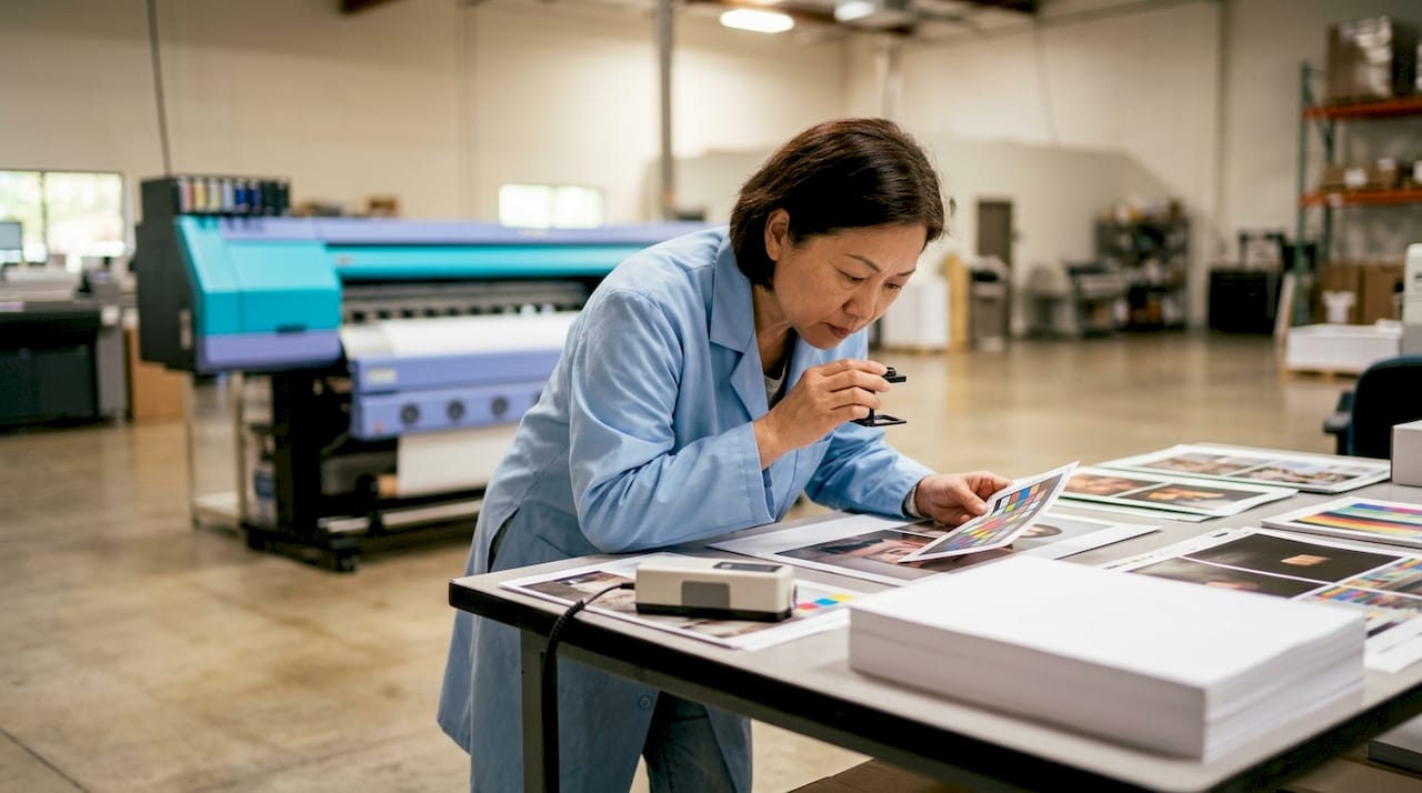 Print quality inspector examining printed sheets