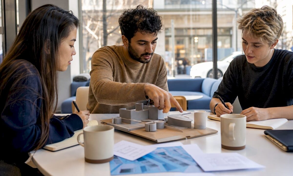 Team discussing product prototype model