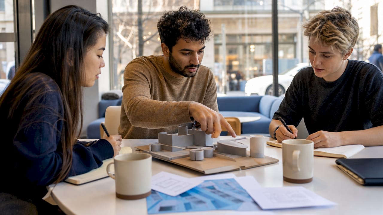 Team discussing product prototype model