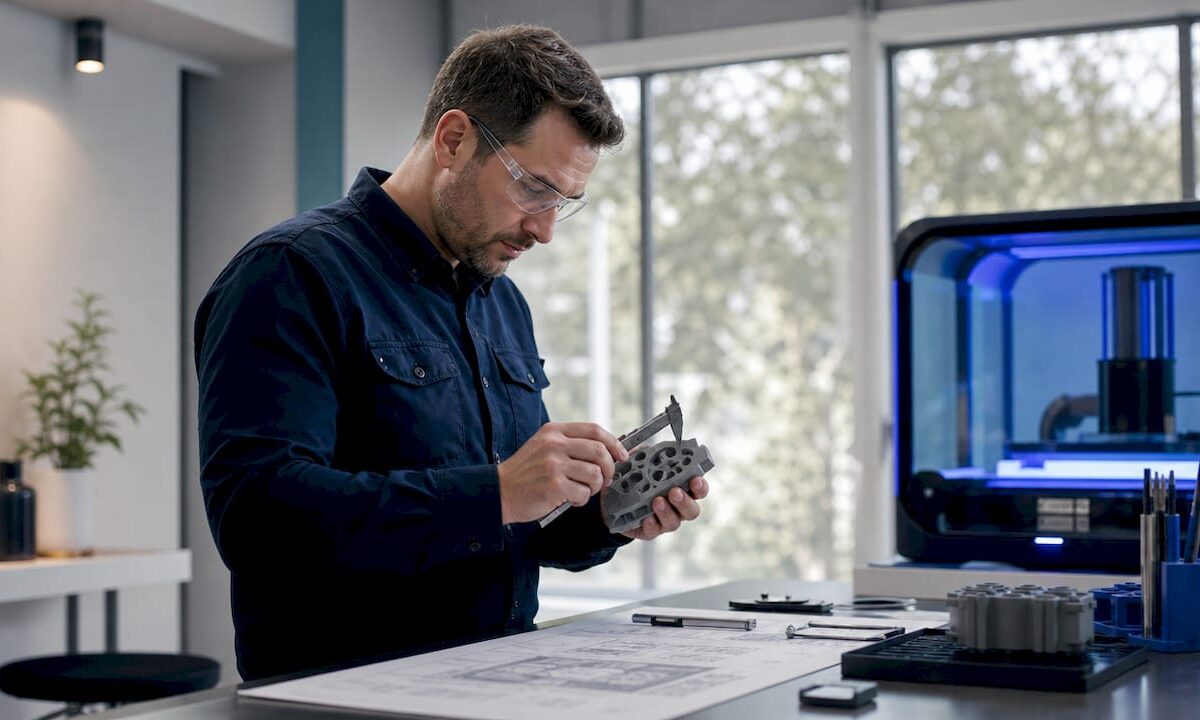 Engineer inspecting 3D printed part with calipers