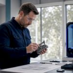 Engineer inspecting 3D printed part with calipers