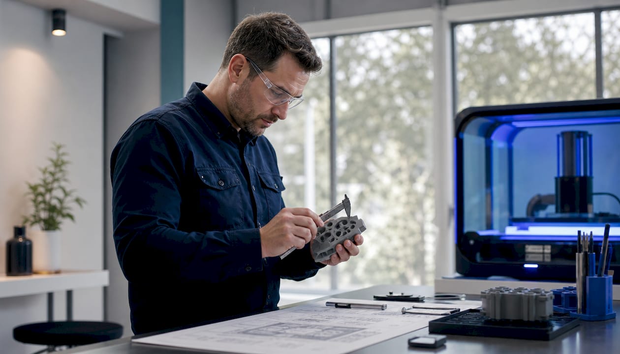Engineer inspecting 3D printed part with calipers