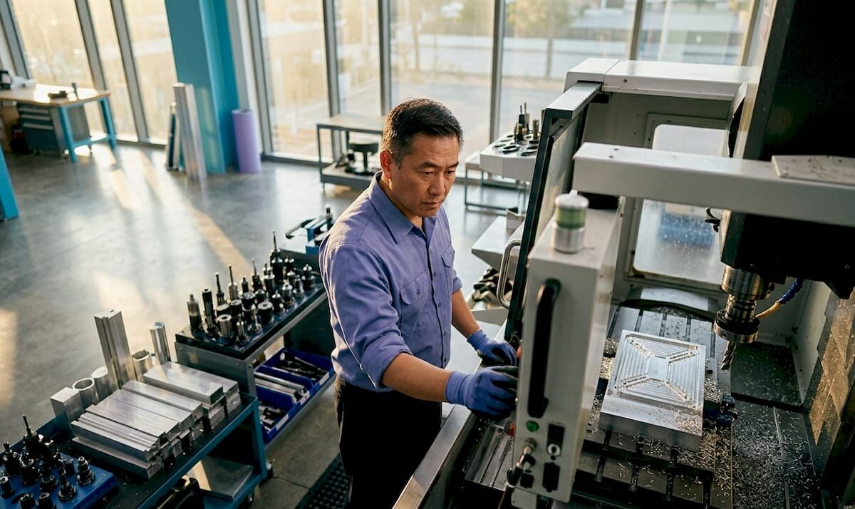 Technician operating CNC milling machine in workshop