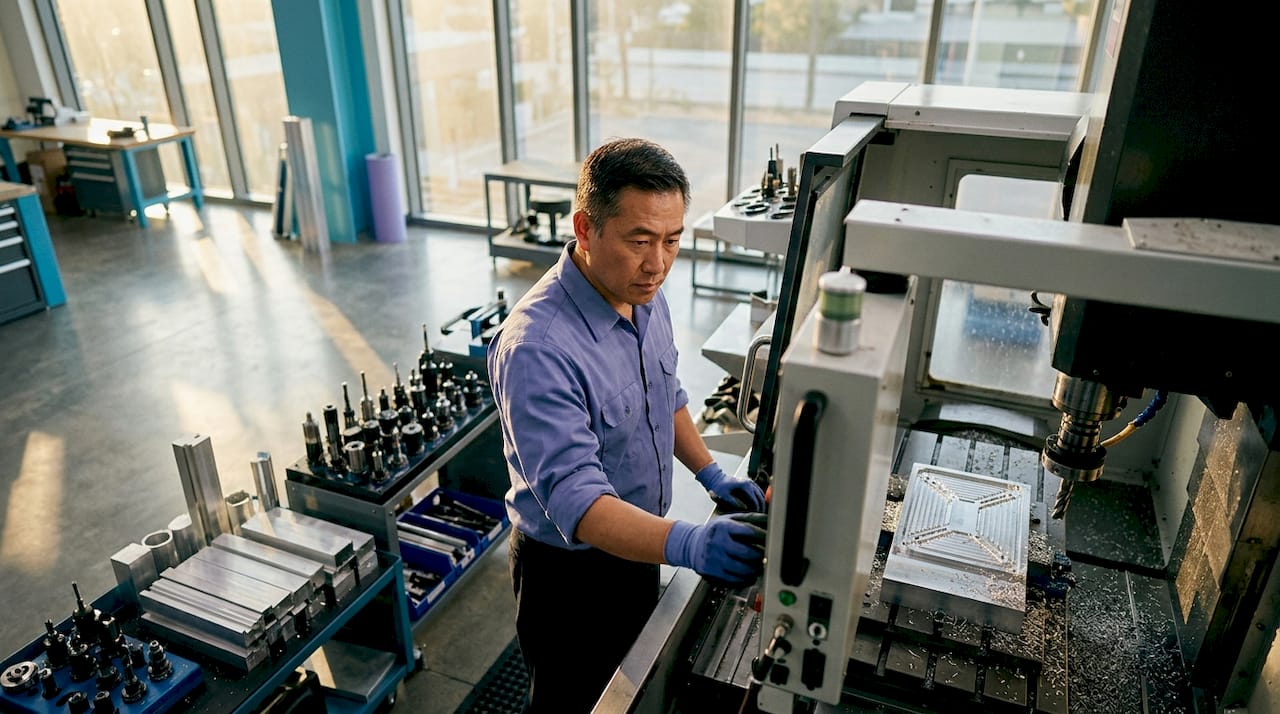 Technician operating CNC milling machine in workshop