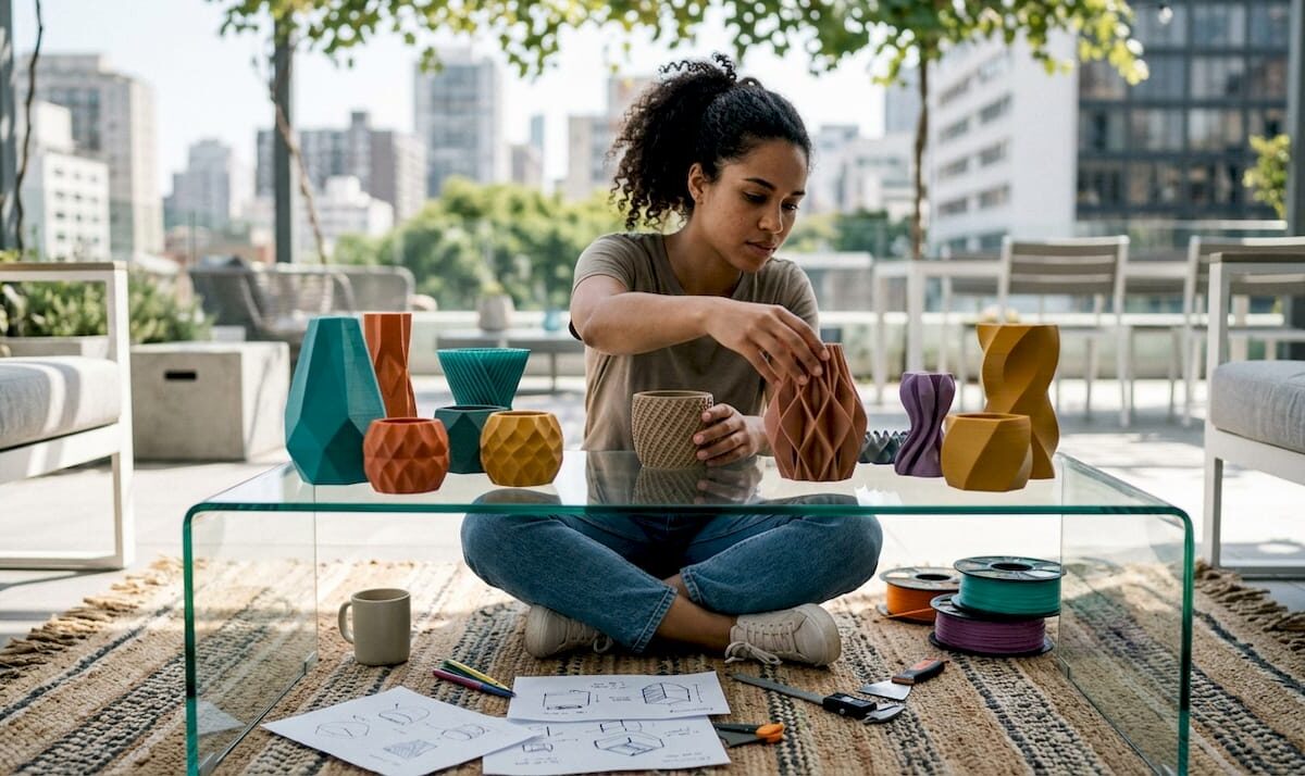 Woman arranging 3D printed home decor on table