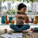 Woman arranging 3D printed home decor on table