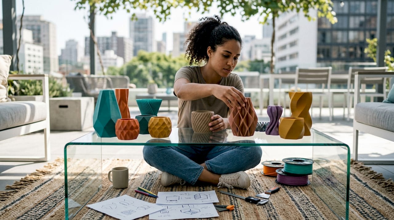 Woman arranging 3D printed home decor on table