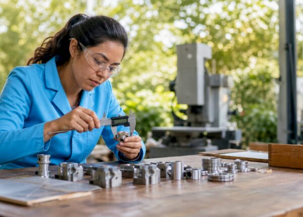 Engineer measuring custom batch components