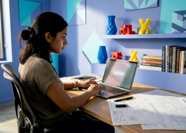 Woman typing custom 3D print quote request email